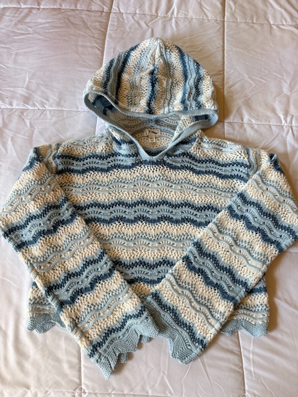Art Class Girls M 7/9 Crochet Hooded Sweater Blue Ivory Boho Open Knit Top